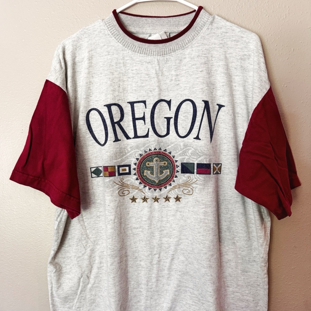Vintage 80s Oregon Tshirt with nautical flags and color-block sleeves